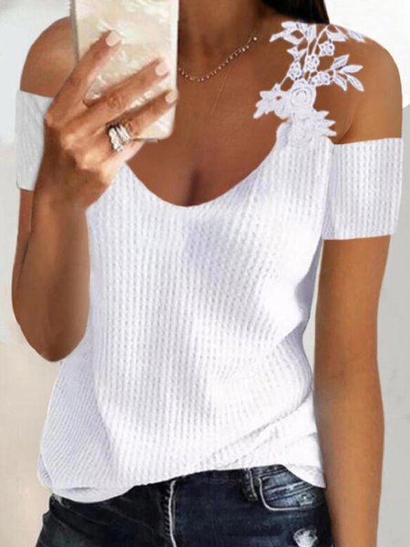 

Casual Solid V Neck Loosen Short Sleeve T-Shirt, White, T-Shirts
