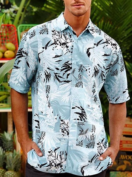 

Men's Botanical Graphic Print Short Sleeve Shirt, Blue, Shirts ＆ Blouse