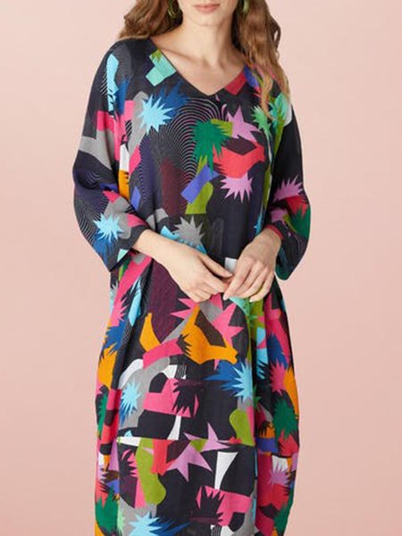 

Abstract Loosen V Neck Long Sleeve Woven Midi Dress, Multicolor, Midi Dresses