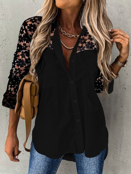 

Contrast Lace Long Sleeve Button Down Shirt, Black, Blouses & Shirts
