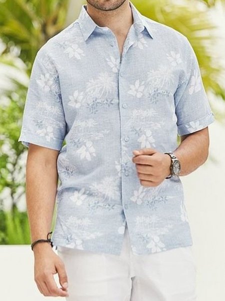 

Men's Cotton Linen Style Short Sleeve Printed Shirt, Blue, Shirts ＆ Blouse