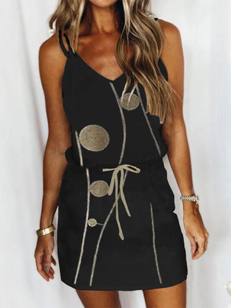

Spaghetti Casual Geometric Knit Dress, Black, Mini Dresses