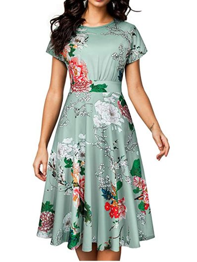 

Simple Floral Short Sleeve Knit Dress, Green, Midi Dresses