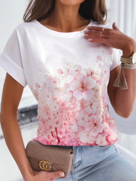 

Floral Regular Fit Crew Neck Cotton Blends Short Sleeve T-Shirt, White, Tees & T-shirts