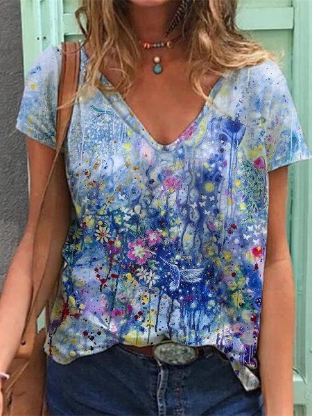 

V Neck Floral Casual Short Sleeve T-Shirt, Blue, T-Shirts