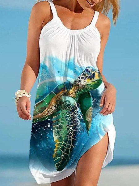 

Regular Fit Animal Vacation Sleeveless Knit Dress, White, Mini Dresses
