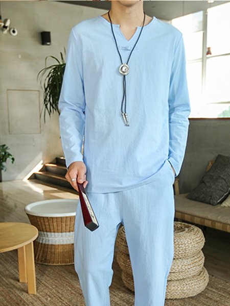 

Casual Solid Color Men's Simple Embroidered Loose Suit, Light blue, Men's sets