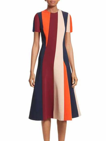 

Elegant Striped Crew Neck Regular Fit Short Sleeve Midi Dress, Multicolor, Midi Dresses