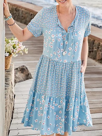 

Crew Neck Loosen Short Sleeve Women Dress, Sky blue, Mini Dresses