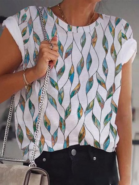 

Leaves Printed Round Neck Casual Short Sleeve Loosen T-Shirt, White, T-Shirts