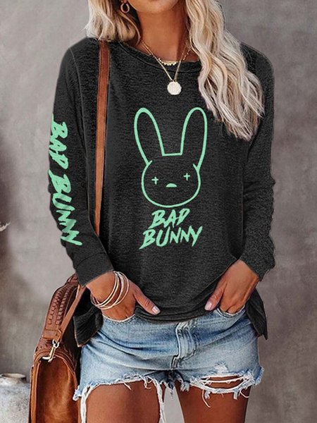 

Regular Fit Letter Casual Long Sleeve Tops, Black, T-Shirts