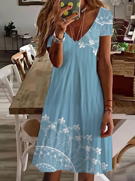 

Tribal V Neck Vacation Short Sleeve Knit Dress, Blue, Mini Dresses