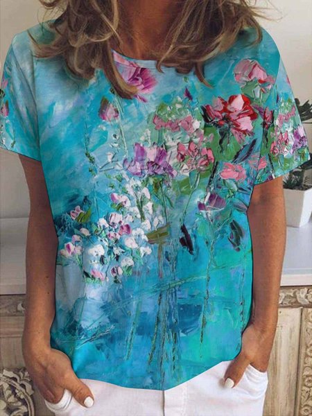 

Casual Abstract Floral Print Crew Neck T-Shirt, Blue, T-shirts