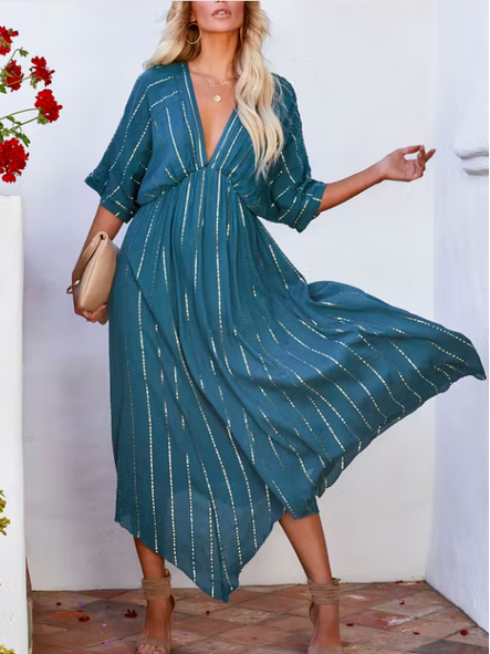 

Loosen V Neck Solid Short Sleeve women Dress, Blue, Dresses