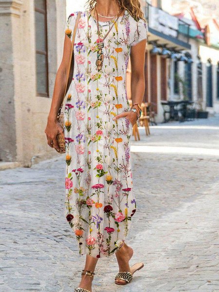 

Floral Pockets Crew Neck Short Sleeve Knit Dress, Flower, Maxi Dresses