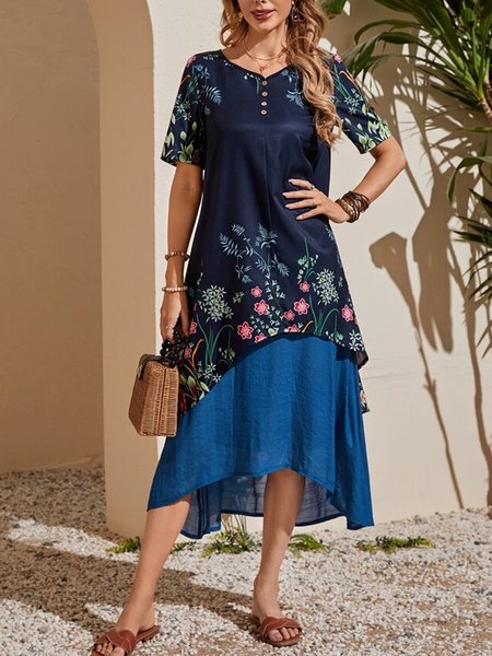 

Floral Loosen Crew Neck Casual Short Sleeve women Dress, Blue, Dresses