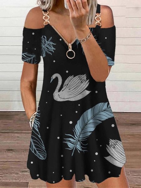 

Feather Animal Printed Casual Loosen Spaghetti Midi Short Sleeve Knit Dress, Flower, Mini Dresses