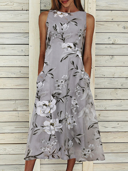 

Floral Short Sleeve Knit Dress, Gray, Midi Dresses
