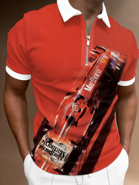Lapel Short Sleeve Printed Polo Top with Sports Series Racing Elements, Red, Men's t-shirts