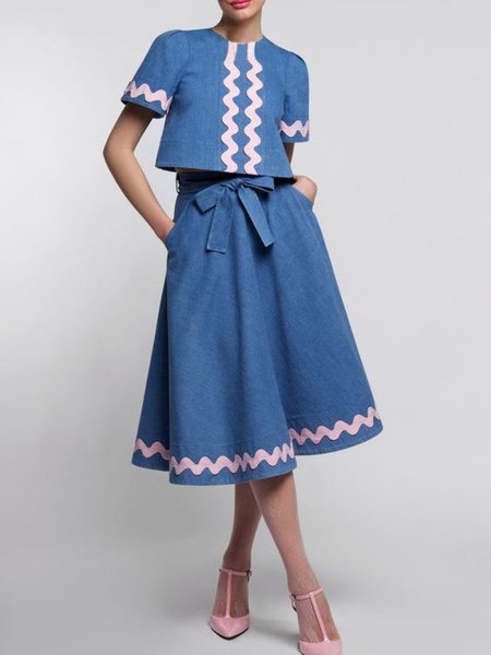 

Summer Regular Fit Plain Two Piece Daily Top With Skirt Sets, Blue, Pants Set
