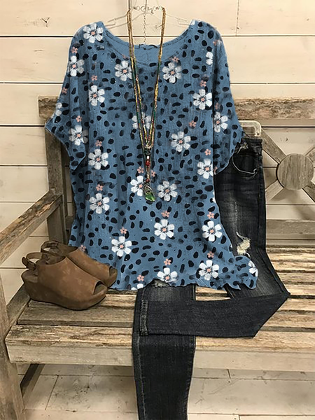 

Plus size Polka Dots Floral Casual Short Sleeve Tops, Blue, Tops