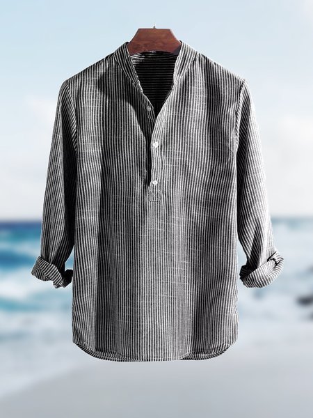 

Men's Cotton Linen Style Half Placket Stand Collar Short Sleeve Shirt, Gray, Shirts ＆ Blouse