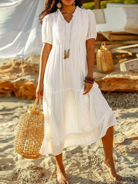 

Casual Solid Short Sleeve Woven Dress, White, Midi Dresses