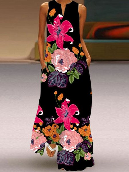 

Casual Floral V Neck Loosen Short Sleeve Woven Dress, Black, Maxi Dresses