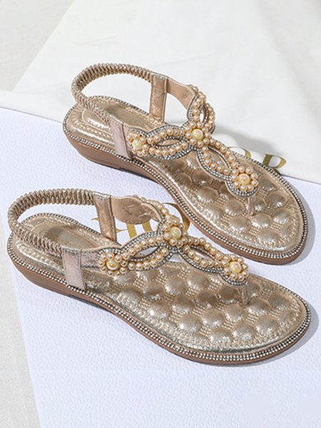 

Pearl Beaded Elastic Beach Sandals, Golden, Sandals