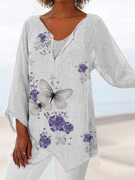 

V neck Floral Casual Long Sleeve Tops, Light gray, Tops