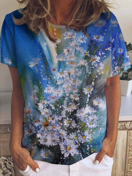 

Casual Gradient Daisy Print Crew Neck T-Shirt, As picture, T-shirts