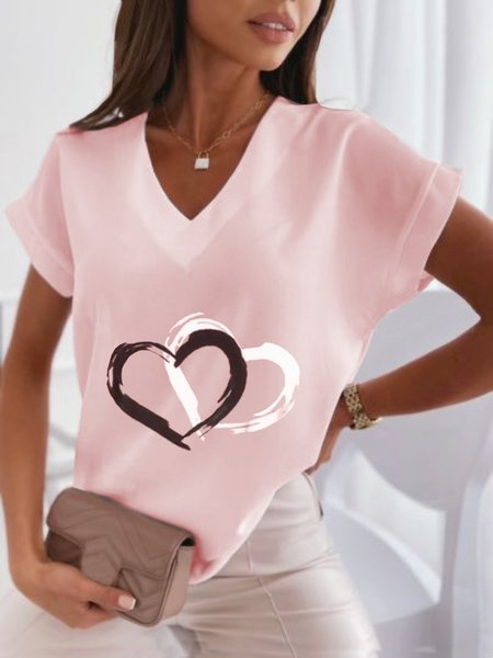 

Casual Heart Short Sleeve V Neck Plus Size Printed Tops, Pink, Tops