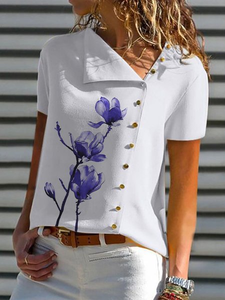 

Floral Print Asymmetrical Neck Regular Fit Short Sleeve Blouse, White, Shirts & Blouses
