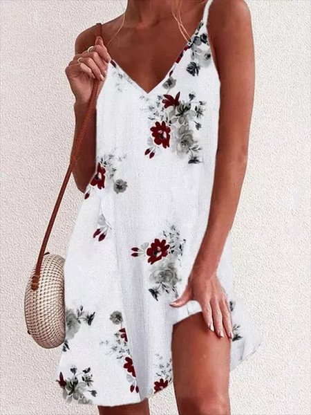 

Casual V Neck Floral Sleeveless Woven Dress, White, Mini Dresses