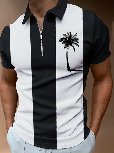 

Resort Style Hawaiian Series Coconut Tree Geometric Stripe Elements Lapel Short-Sleeved Polo Top, Black-white, Men's t-shirts