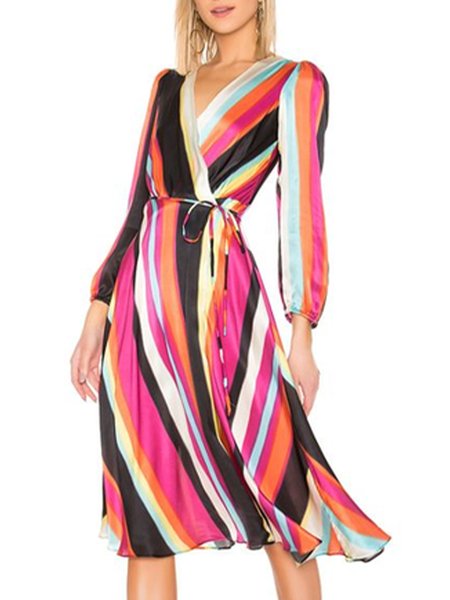 

V Neck Elegant Striped Color Block Dress, Multicolor, Midi Dresses