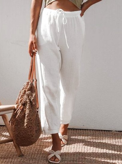 

LInen Casual Loosen Cotton Pants, White, Pants