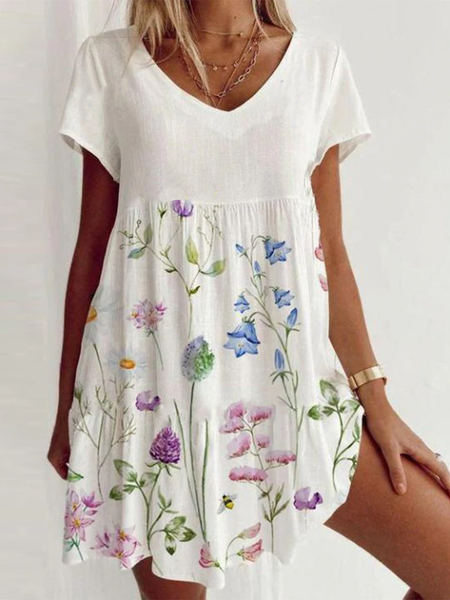 

V Neck Casual Short Sleeve Women Dress, White, Mini Dresses