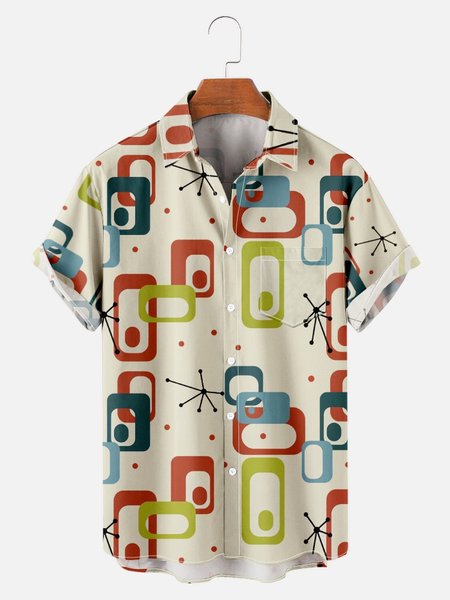 

Mens Retro Geo Print Loose Chest Pocket Short Sleeve Hawaiian Shirts, Khaki, Men's Floral shirt