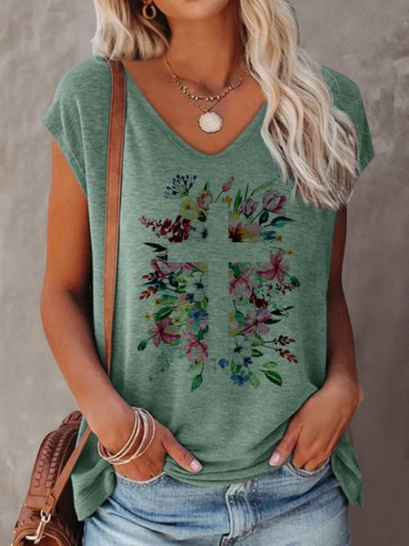

Floral V Neck Short Sleeve T-Shirt, Green, Tees & T-shirts