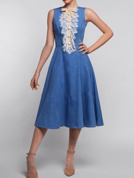 Summer Crew Neck Regular Fit Plain Short Sleeve Woven Dress, Blue, Midi Dresses