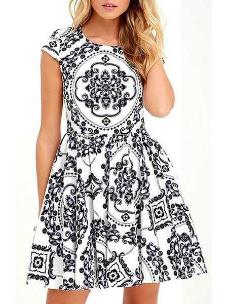 

Regular Fit Crew Neck Elegant Short Sleeve Woven Dress, White, Mini Dresses