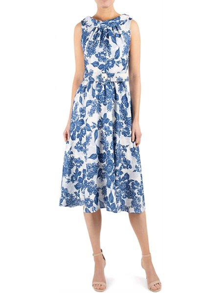 

Summer Floral Elegant Regular Fit Short Sleeve Woven Dress, Blue, Midi Dresses