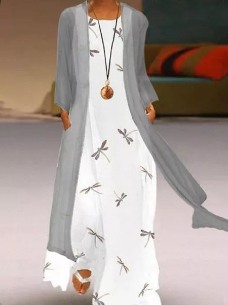 

Dragonfly Printed Casual Pockets Loosen Dress With Coat Two Piece Sets, Gray, Maxi Dresses
