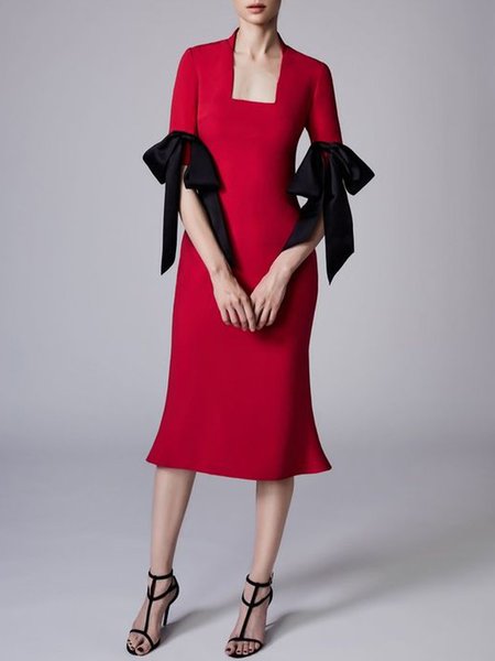 

Plain Elegant Square Neck Short Sleeve Woven Midi Dress, Red, Midi Dresses