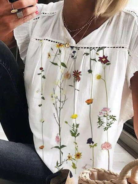 

Heart-Shaped Collar Loosen Floral Short Sleeve Tops, White, Tunics