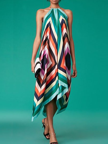

Vacation Geometric Halter Color Block Sleeveless Dress, Multicolor, Midi Dresses