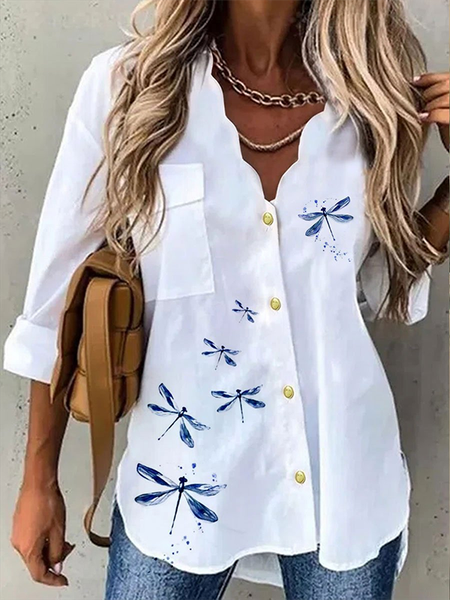 

Dragonfly V Neck Long Sleeve Casual Blouse, White, Blouses & Shirts