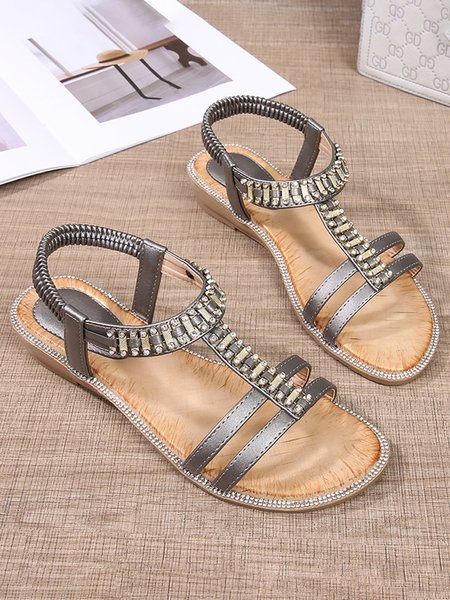

JFN Rhinestone Striped Elastic Wedge Sandals, Gray, Sandals