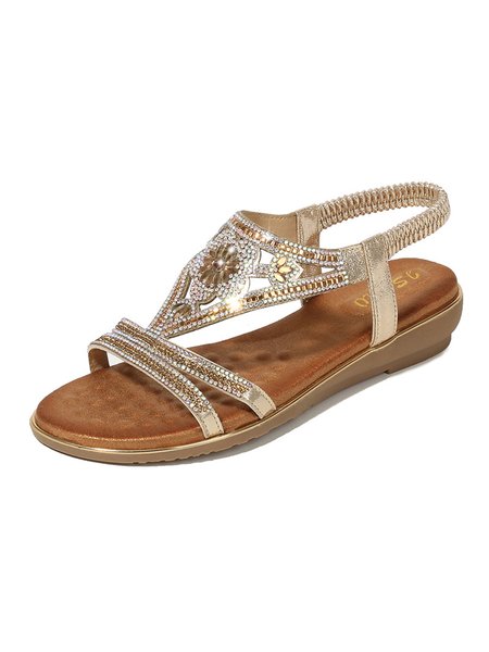 

JFN Rhinestone Cutout Casual Elastic Flat Sandals, Golden, Sandals